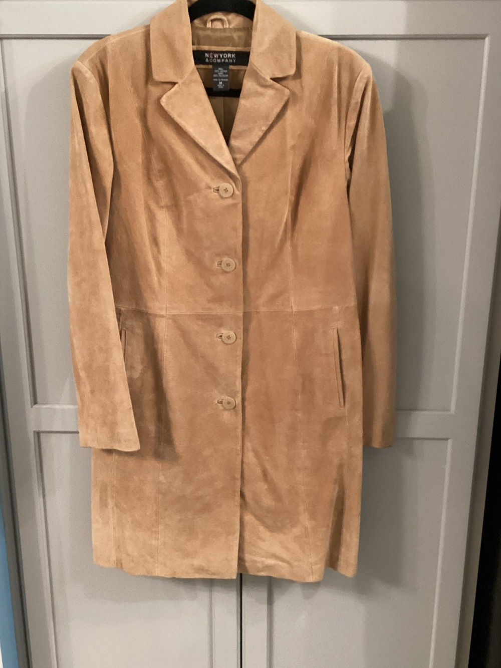 New York & Company Camel Suede Button-Front Trench Coat